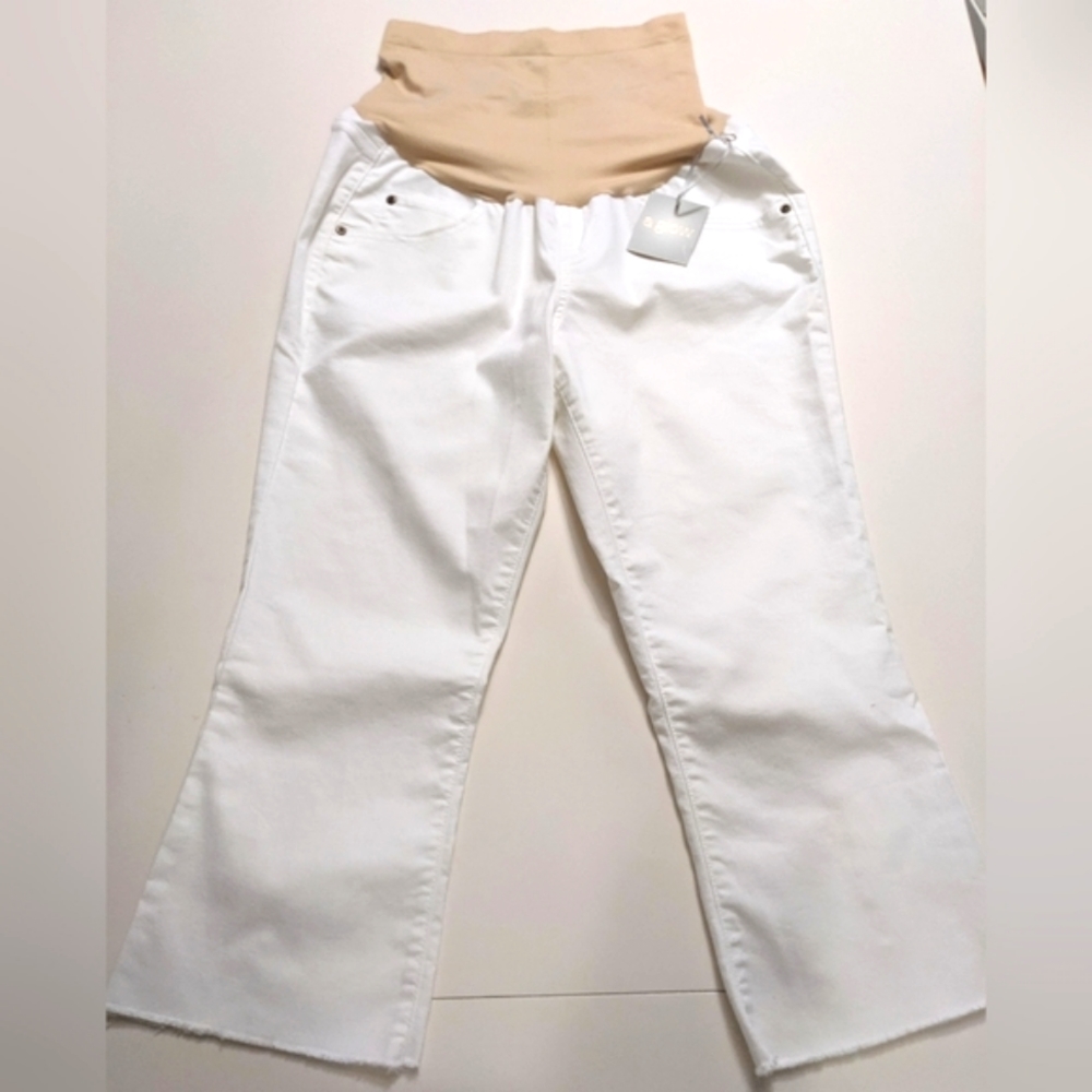 A:GLOW, Maternity Belly Panel Cropped Flare Jeans, White, Size 14.
